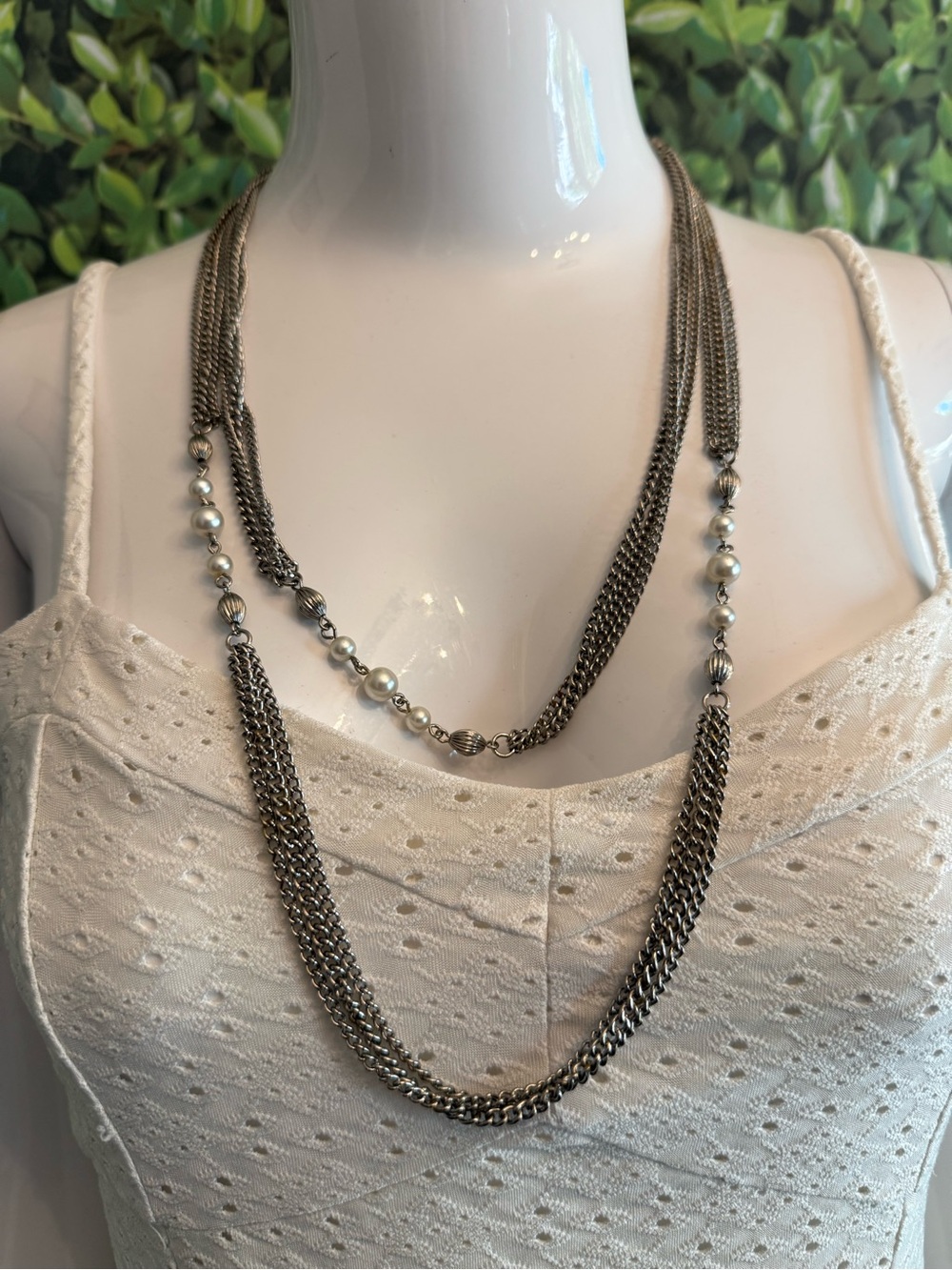 Vintage Silver-Tone Multi-Strand Pearl Accent Chain Necklace - Women Jewelry